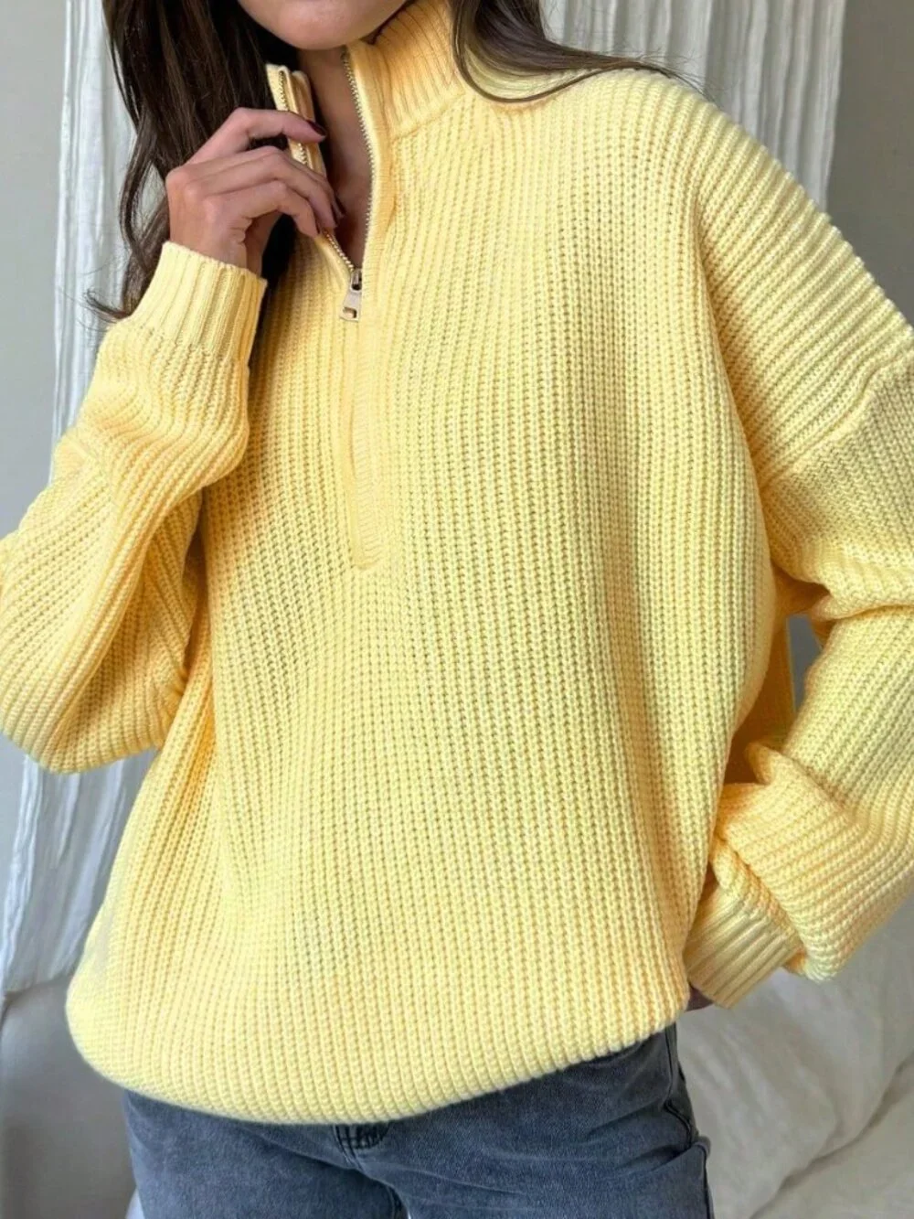 Yellow Women's Casual Ribbed Long Sleeve Sweater